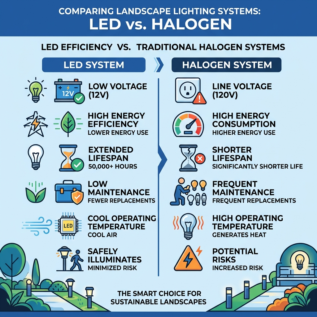 LED efficiency vs. traditional halogen systems - landscape lighting infographic 