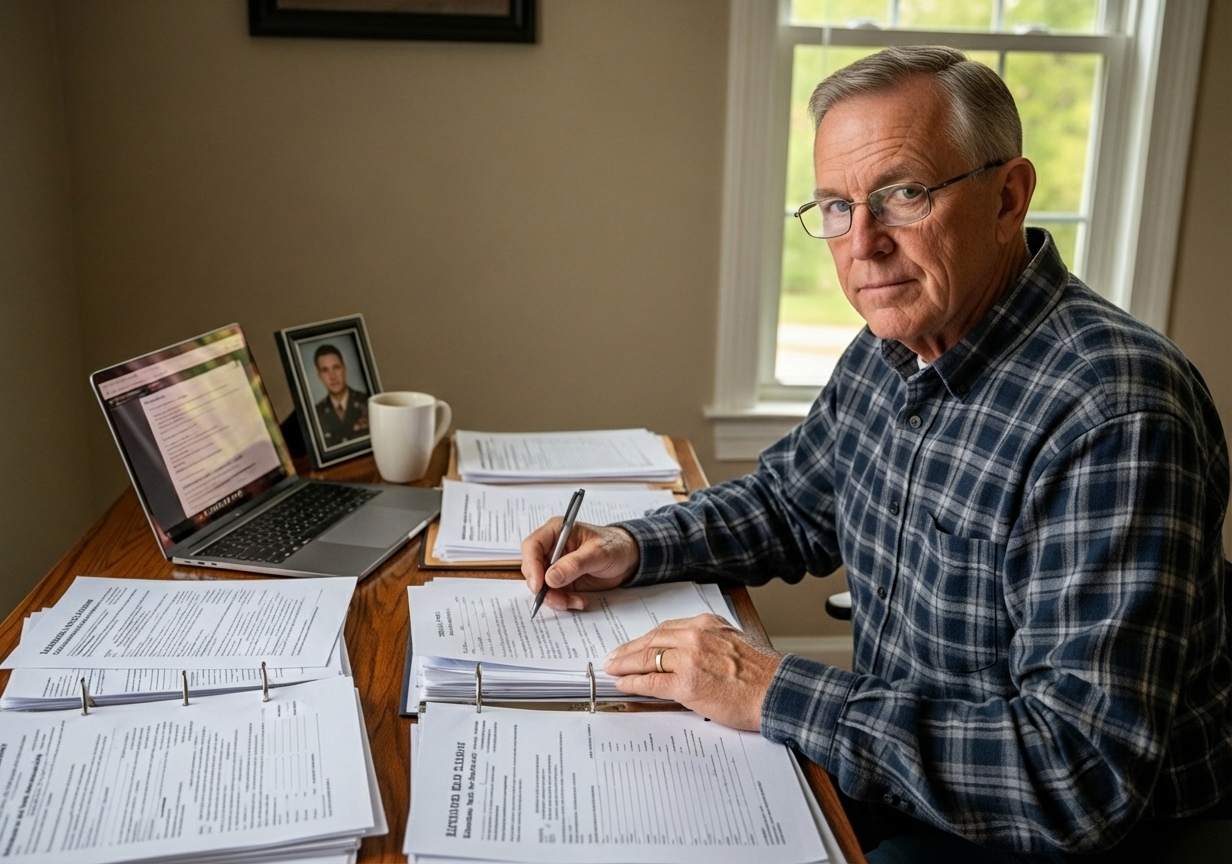 Veteran reviewing VA disability claim documents at a desk - home depot military app download