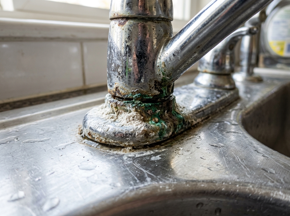 Close-up of a corroded faucet base with visible mineral deposits and green oxidation - faucet repair salt lake city