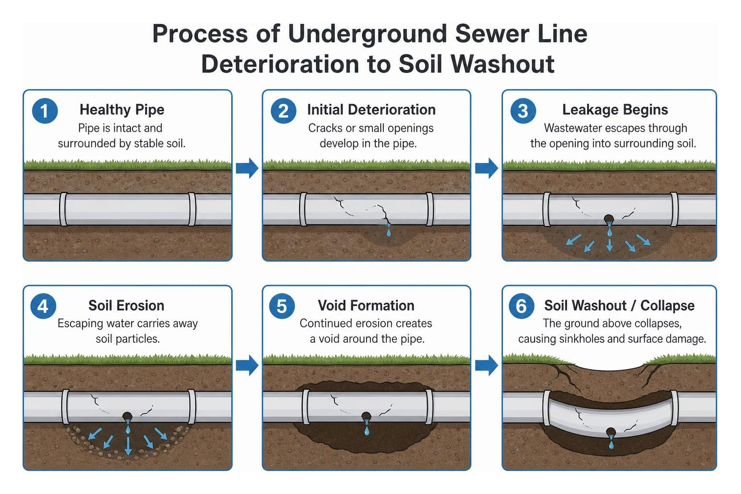 Process of underground sewer line deterioration to soil washout Process of underground sewer line deterioration to soil washout