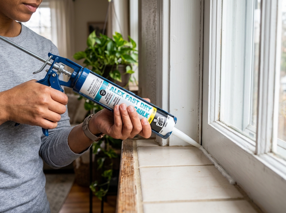 proper caulk gun technique showing a 45-degree angle and a steady bead being applied to a window frame - caulk for drafty