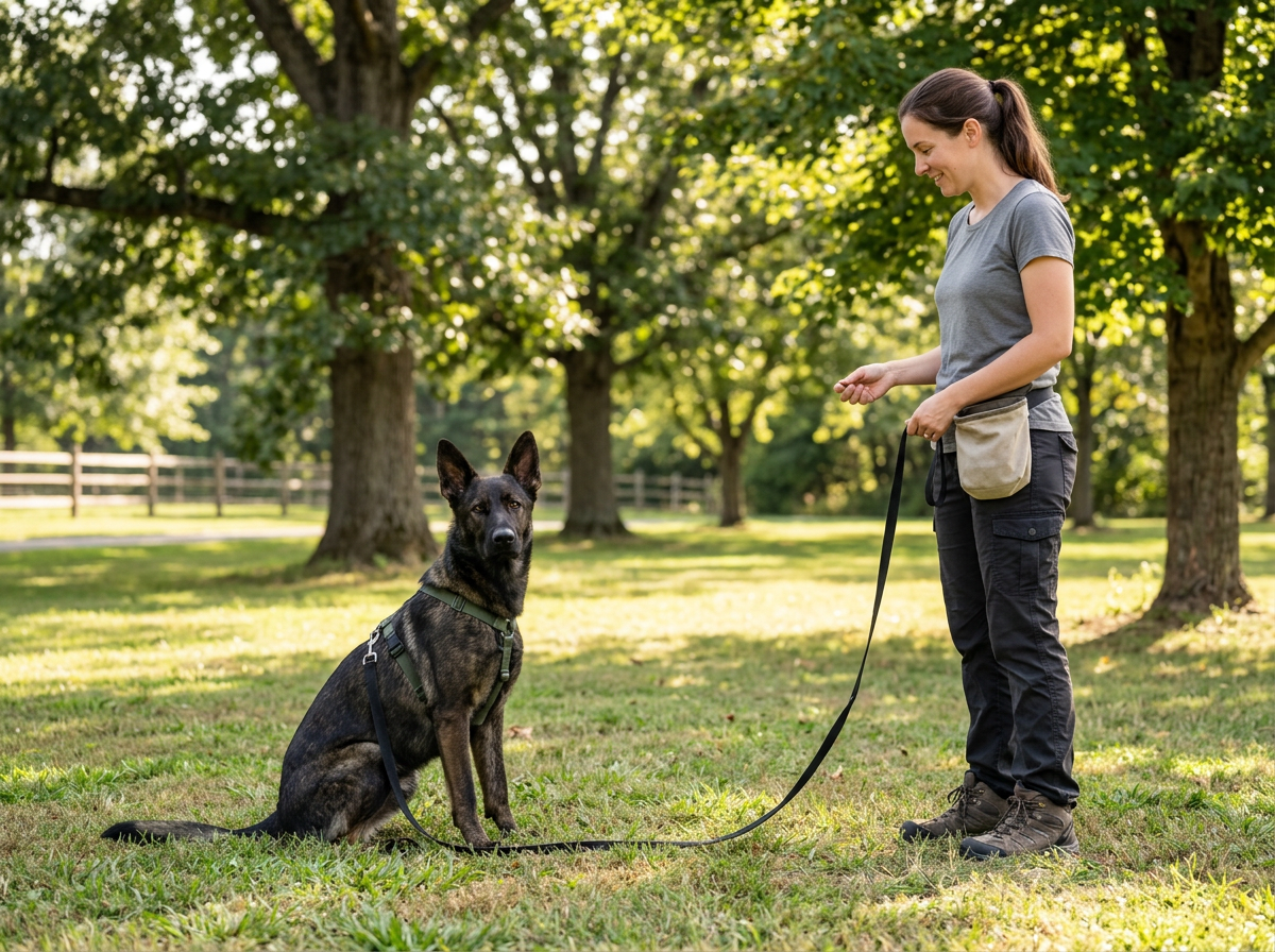 A dog sitting attentively outdoors on a long line during a structured private lesson A dog sitting attentively outdoors on a long line during a structured private lesson
