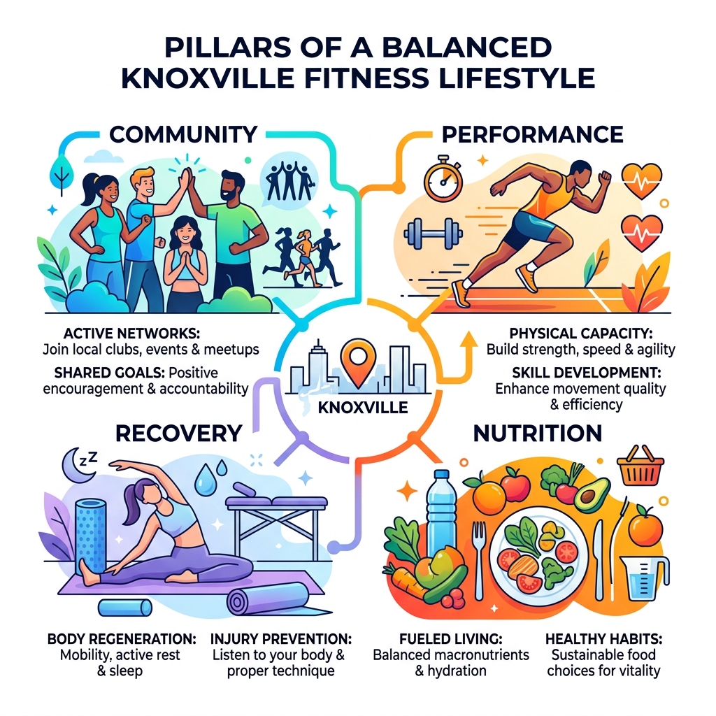 Pillars of a balanced Knoxville fitness lifestyle including community, performance, recovery, and nutrition - health and Pillars of a balanced Knoxville fitness lifestyle including community, performance, recovery, and nutrition - health and