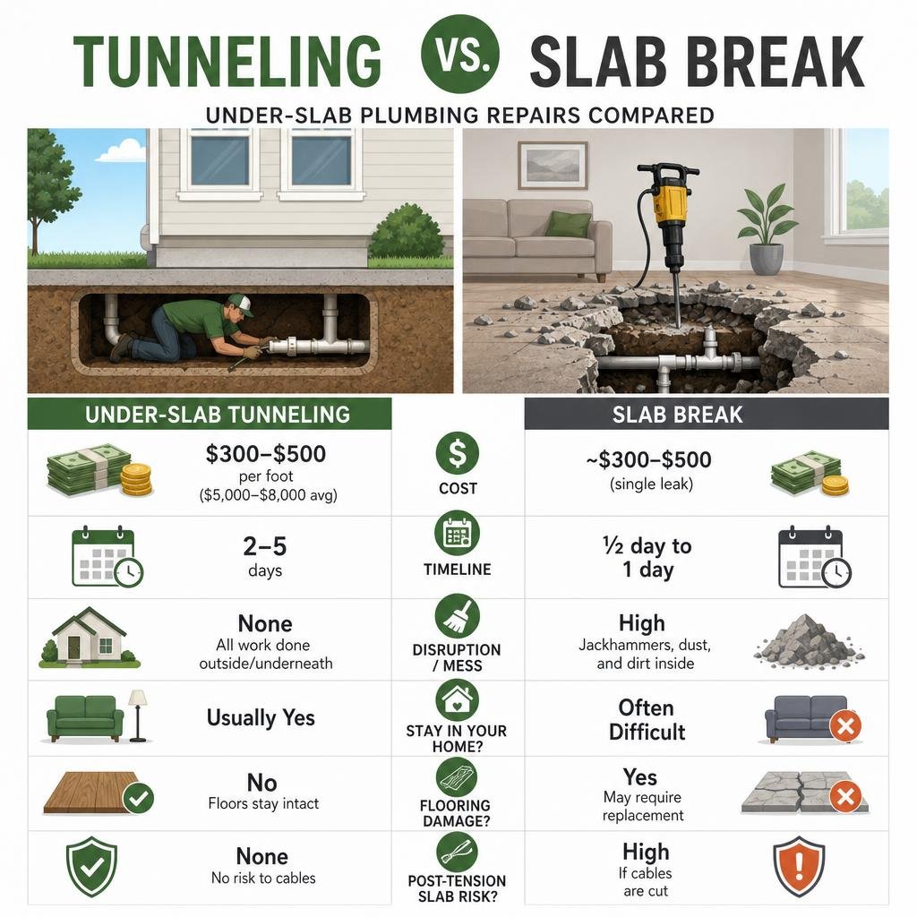 Infographic comparing tunneling vs slab break for under-slab plumbing repairs including cost timeline and disruption