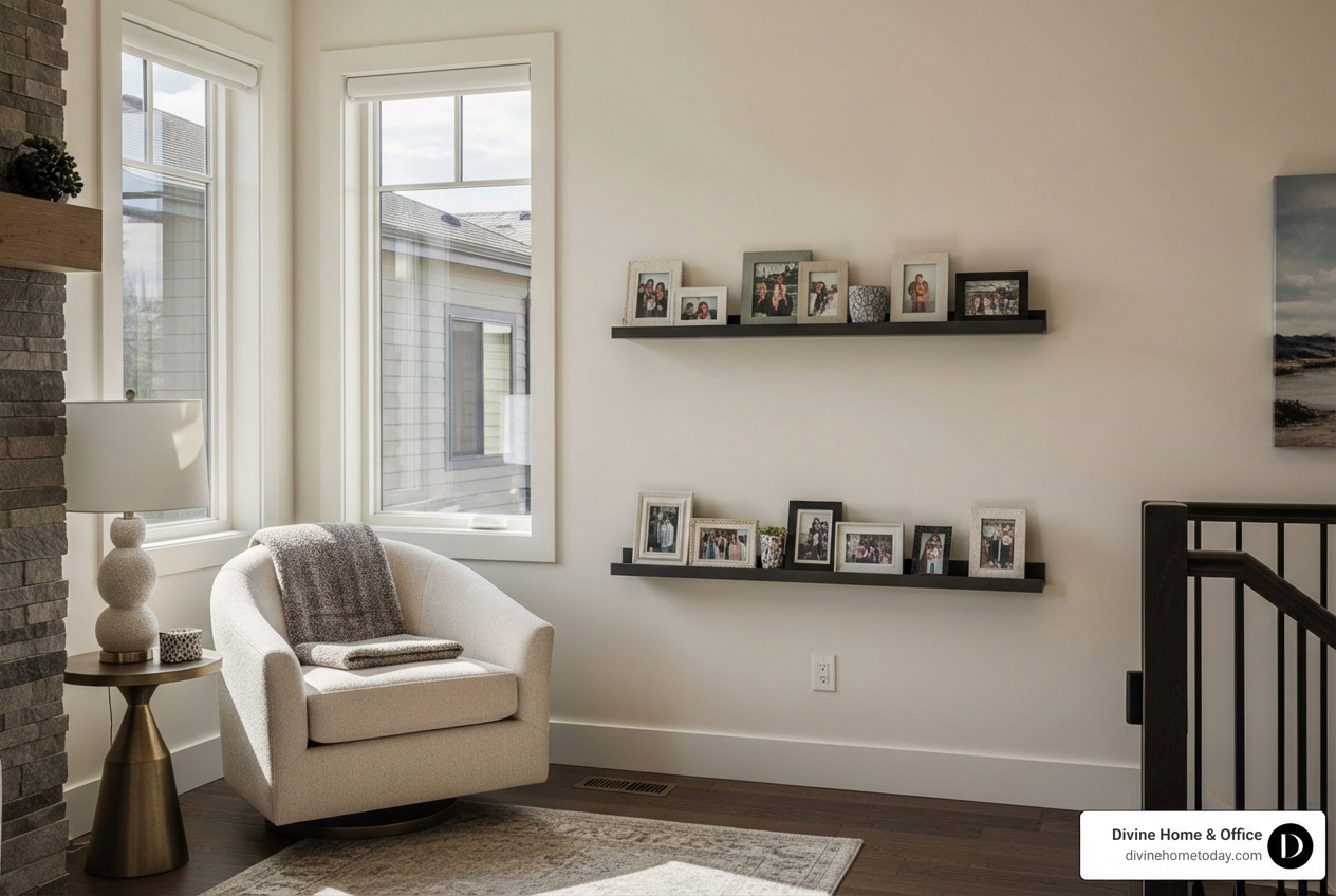 Cozy contemporary corner with a curved armchair, a plush throw, and a collection of personal photos on a floating shelf, in a Denver luxury home, warm natural light - contemporary style homes interior Cozy contemporary corner with a curved armchair, a plush throw, and a collection of personal photos on a floating shelf, in a Denver luxury home, warm natural light - contemporary style homes interior