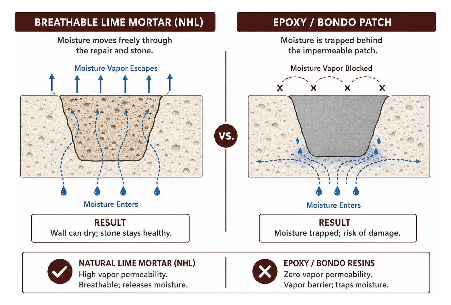 Comparison of moisture movement through breathable lime mortar versus trapped water behind epoxy patch Comparison of moisture movement through breathable lime mortar versus trapped water behind epoxy patch