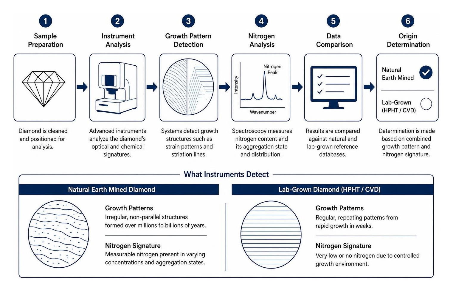 Process diagram showing how diamond verification instruments detect growth patterns and nitrogen