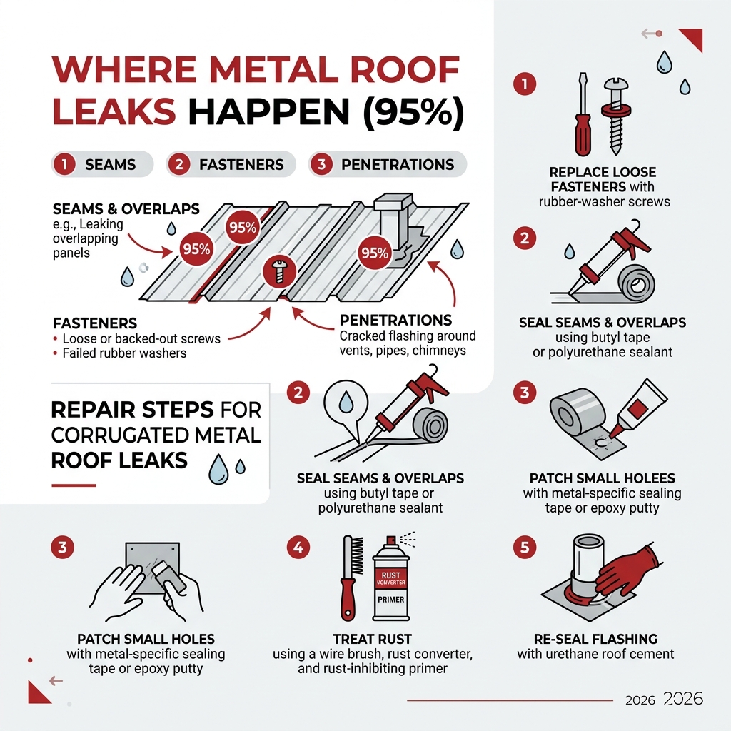 Infographic showing 95% of metal roof leaks occur at seams, fasteners, and penetrations with repair steps - fix leaks Infographic showing 95% of metal roof leaks occur at seams, fasteners, and penetrations with repair steps - fix leaks