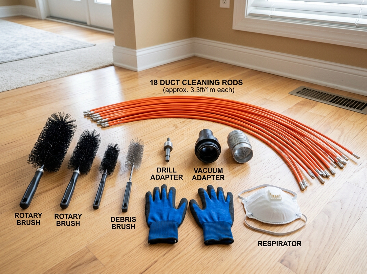 22-piece cleaning kit laid out on a floor - diy duct cleaning kit 22-piece cleaning kit laid out on a floor - diy duct cleaning kit