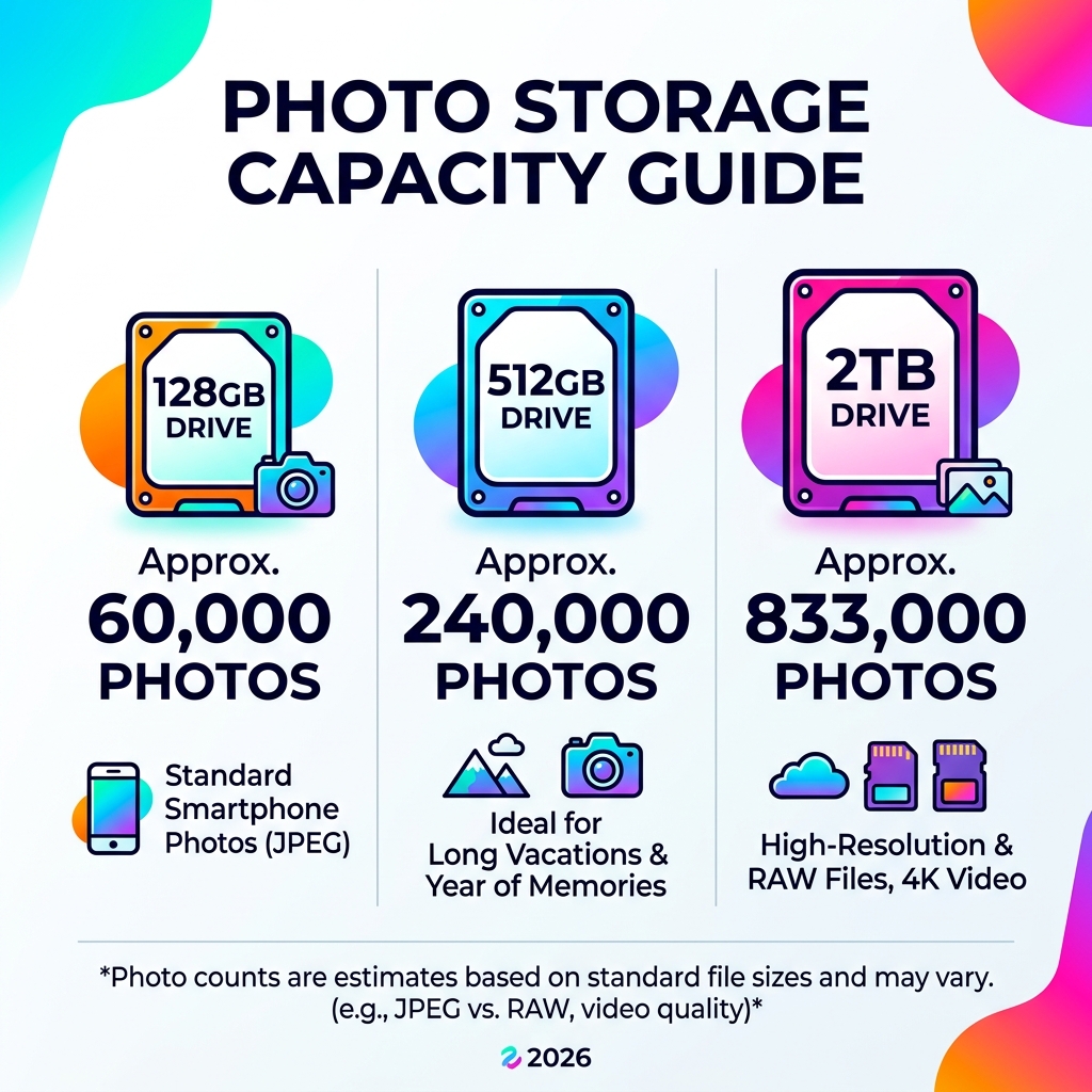Infographic: Storage capacity vs photo counts for 128GB, 512GB, and 2TB drives - wireless photo backup drive infographic 