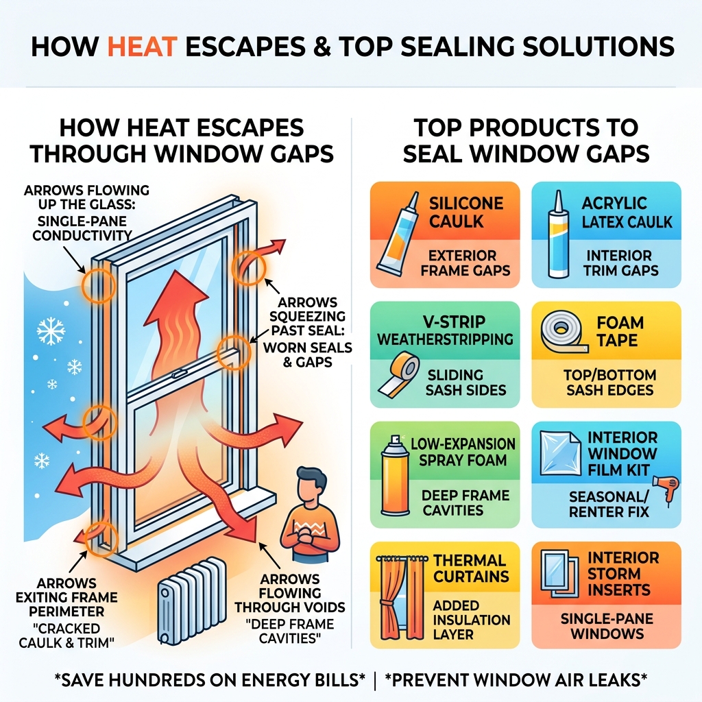 infographic showing how heat escapes through window gaps and top products to seal them - prevent window air leaks infographic showing how heat escapes through window gaps and top products to seal them - prevent window air leaks