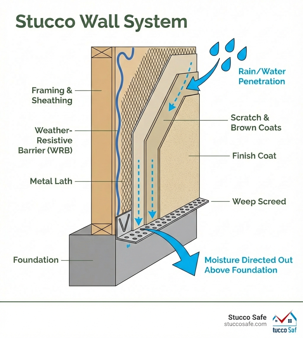 infographic showing cross-section of stucco wall system with water penetration path, weather-resistive barrier, lath, stucco layers, and weep screed at base directing moisture out above foundation - stucco weep screed infographic infographic showing cross-section of stucco wall system with water penetration path, weather-resistive barrier, lath, stucco layers, and weep screed at base directing moisture out above foundation - stucco weep screed infographic