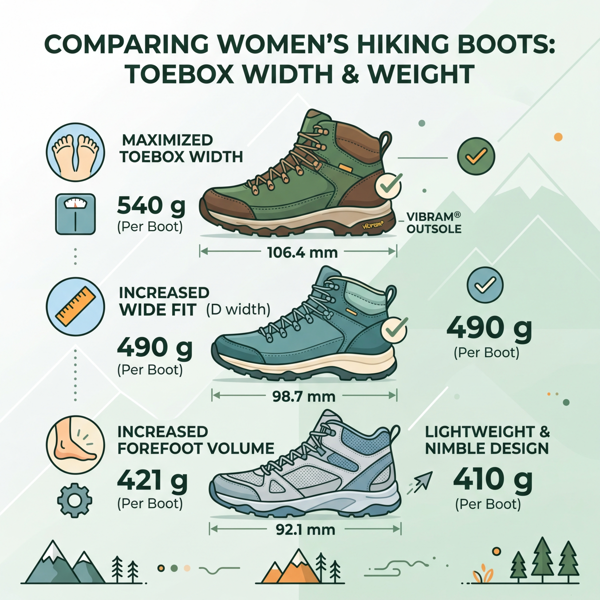 Comparison table of toebox width and weight for women's hiking boots - best women's hiking boots wide toe box infographic