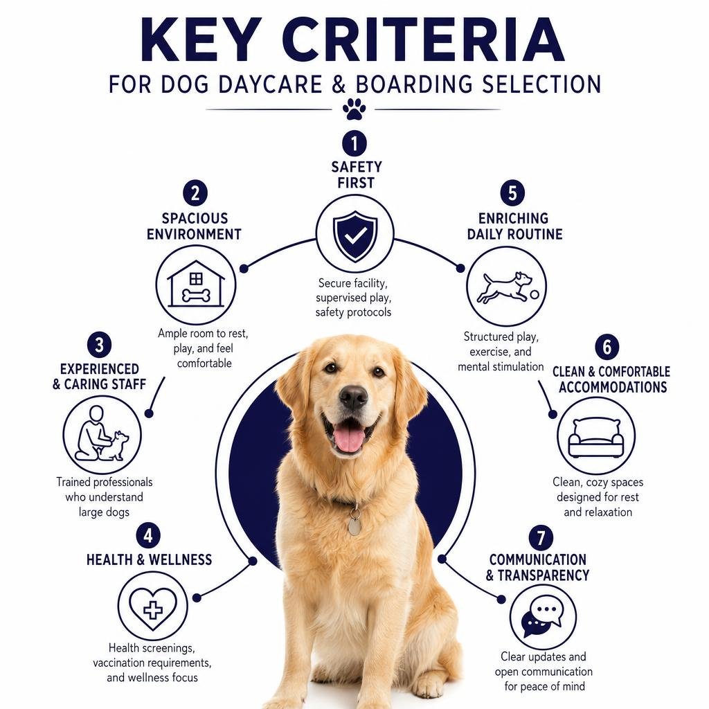 Key criteria for dog daycare and boarding selection infographic