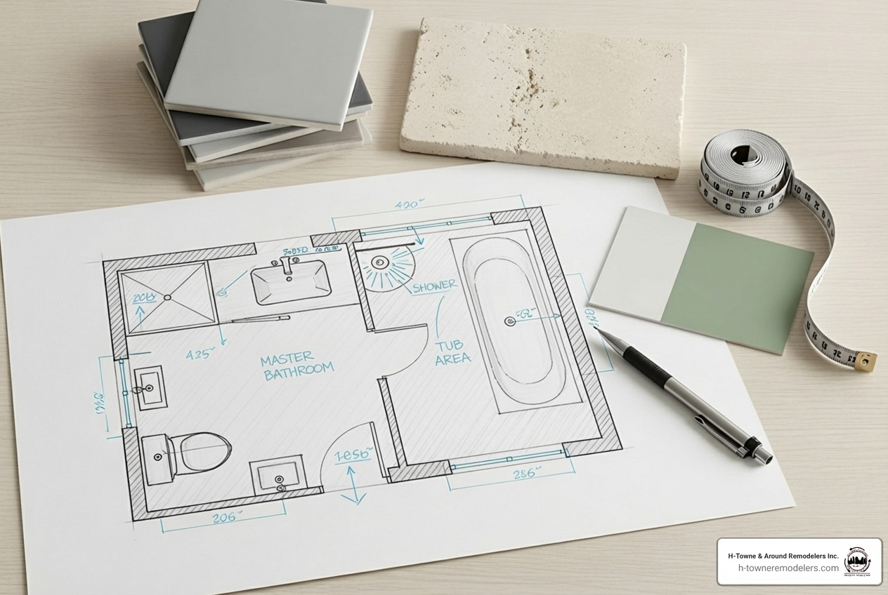 bathroom floor plan sketch next to material samples like tile and a paint swatch - guest bathroom remodel