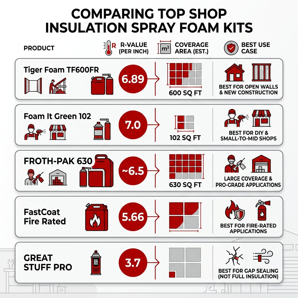 comparison infographic of top shop insulation spray foam kits by R-value, coverage, and best use case - shop insulation