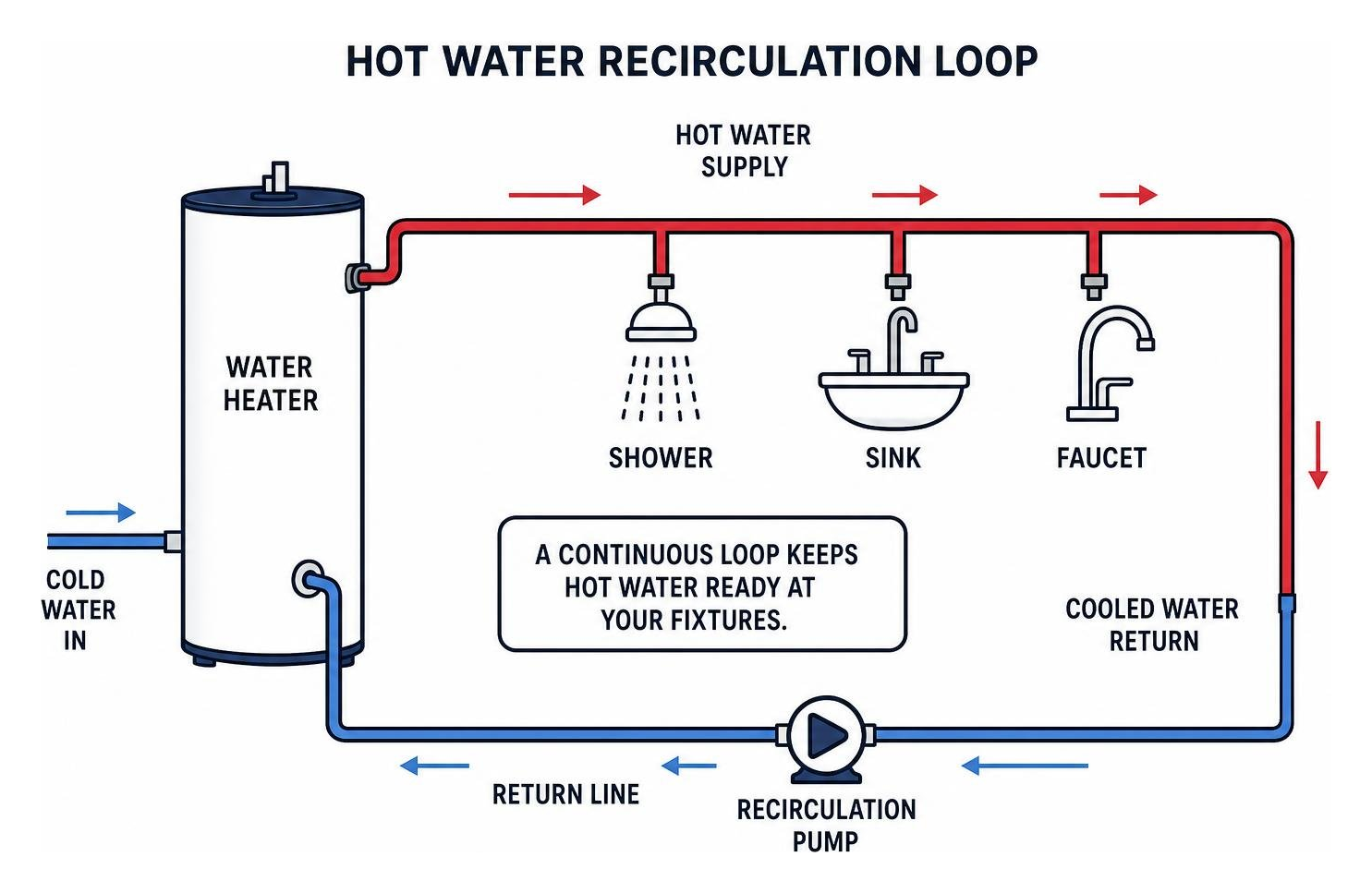 Diagram showing continuous water loop cycling from water heater to fixtures and back