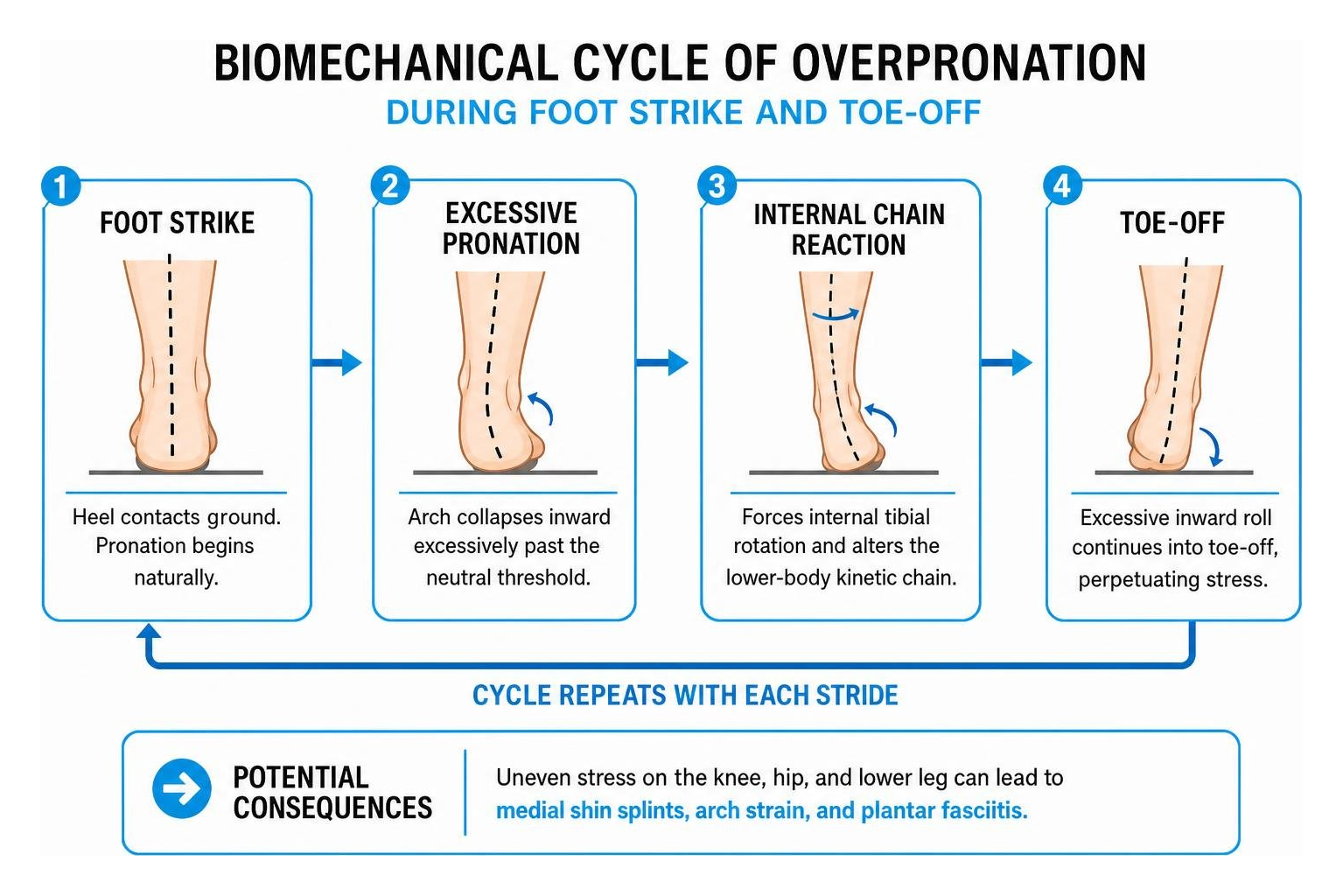 Biomechanical cycle of overpronation during foot strike and toe-off
