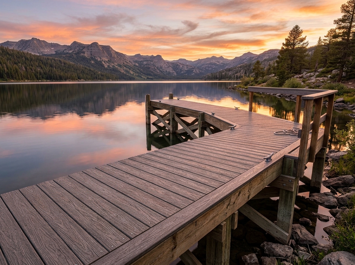 Structural 2x6 composite boards installed on a heavy-duty dock at sunset - 2x6x16 composite decking