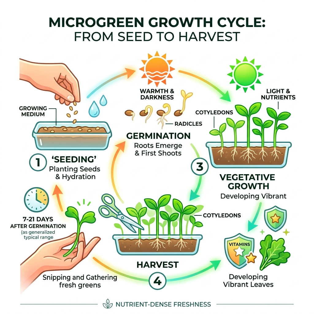 Microgreen growth cycle from seed to harvest infographic - microgreen suppliers near me infographic 