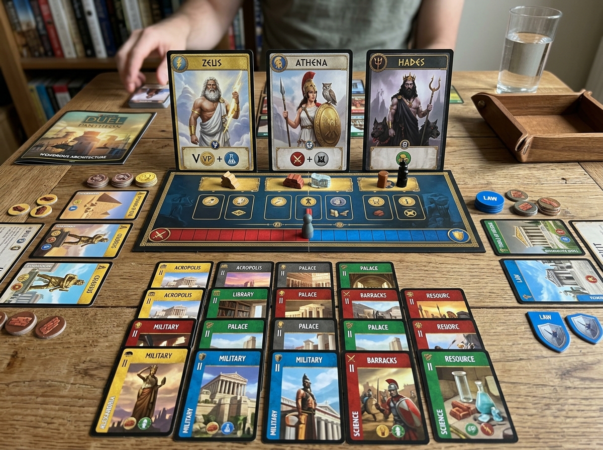 Pantheon board and Divinity cards showing ancient Mediterranean deities - 7 wonders duel expansions