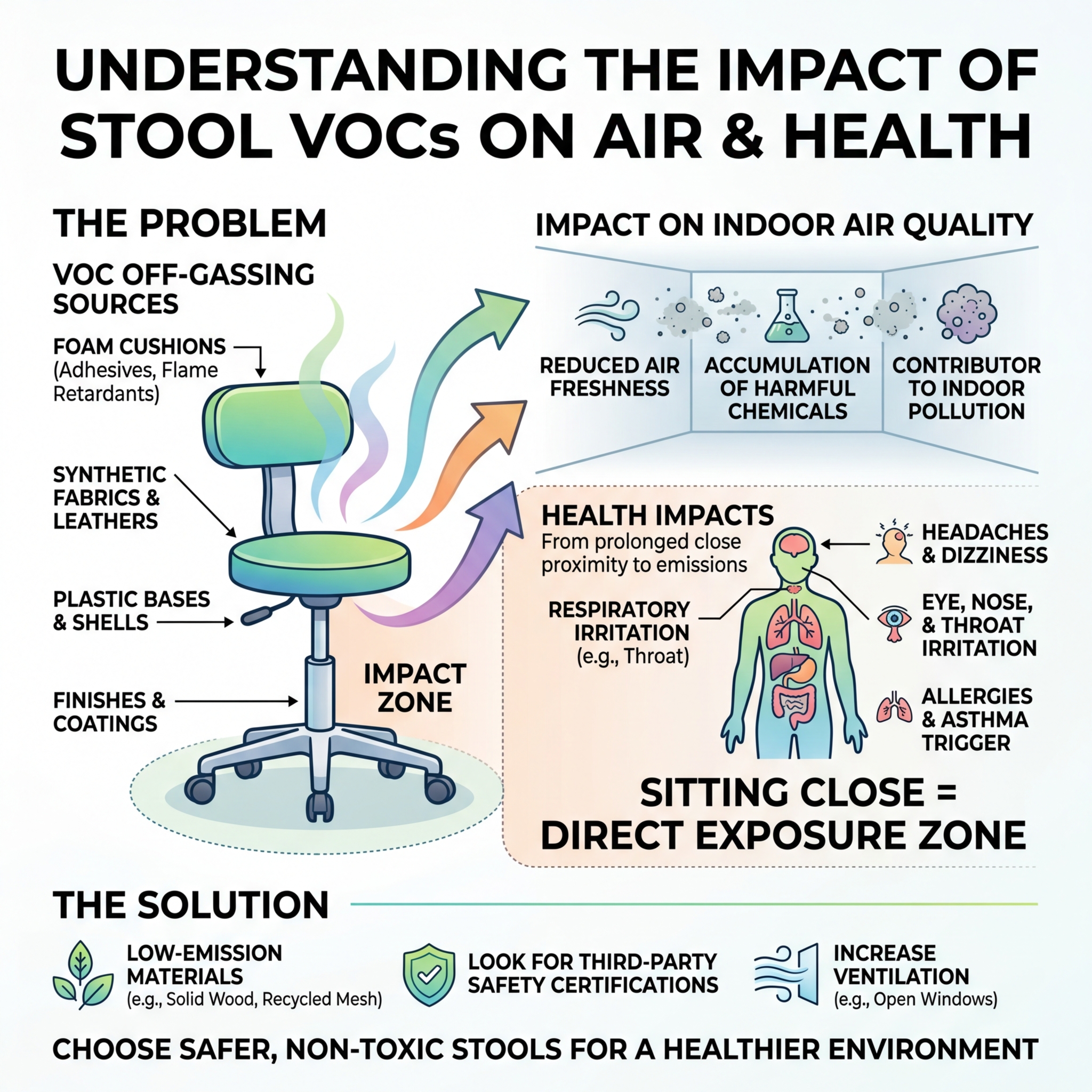 Infographic showing how VOCs from desk stools impact indoor air quality and health - best non-toxic desk stools infographic Infographic showing how VOCs from desk stools impact indoor air quality and health - best non-toxic desk stools infographic