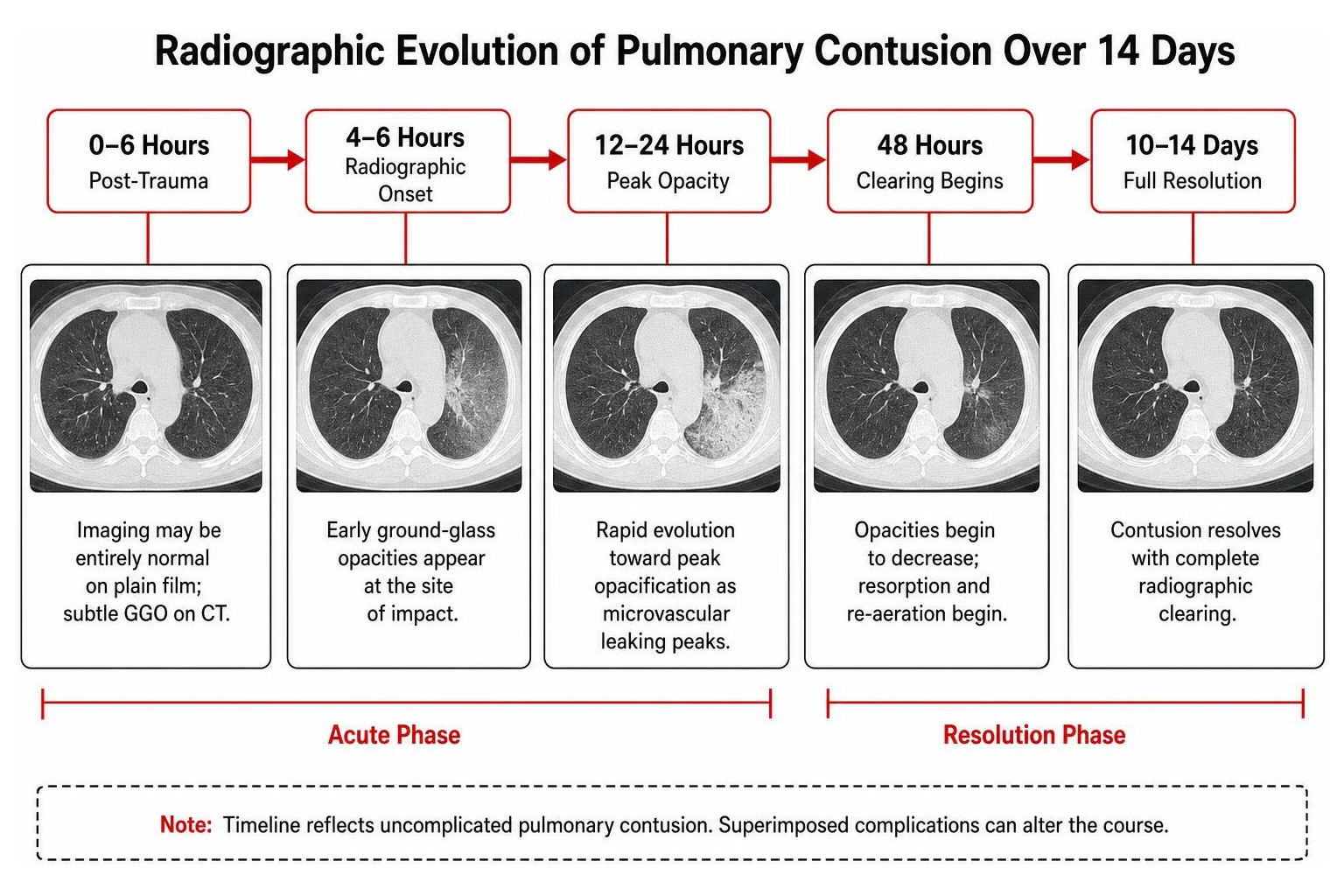Timeline diagram illustrating the radiographic evolution of pulmonary contusion over 14 days Timeline diagram illustrating the radiographic evolution of pulmonary contusion over 14 days