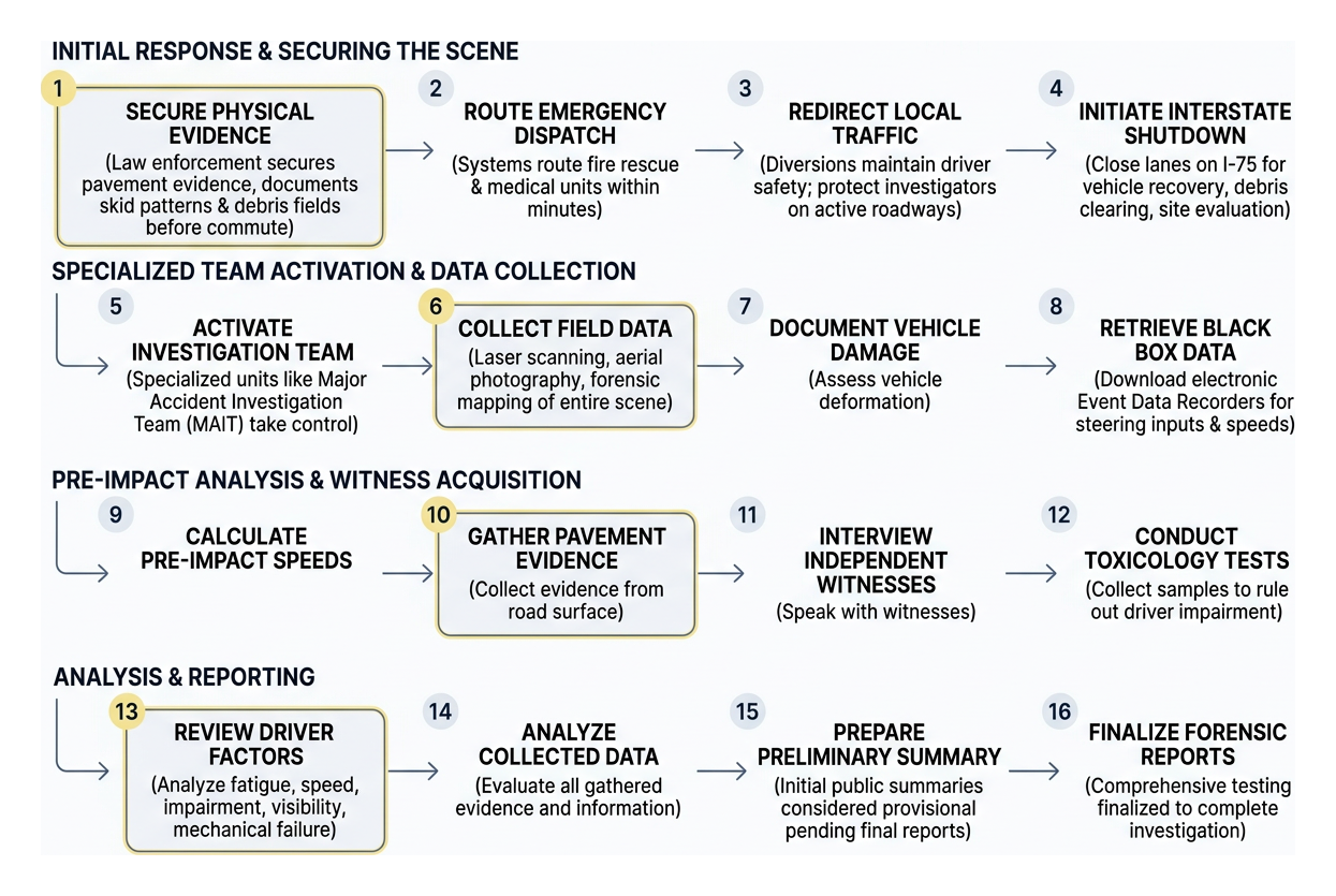 Diagram illustrating the steps of a fatal crash investigation process
