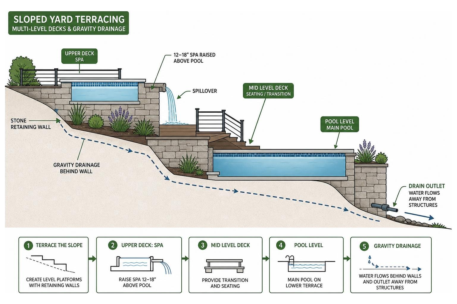 diagram of sloped yard terracing with multi level decks and gravity drainage diagram of sloped yard terracing with multi level decks and gravity drainage