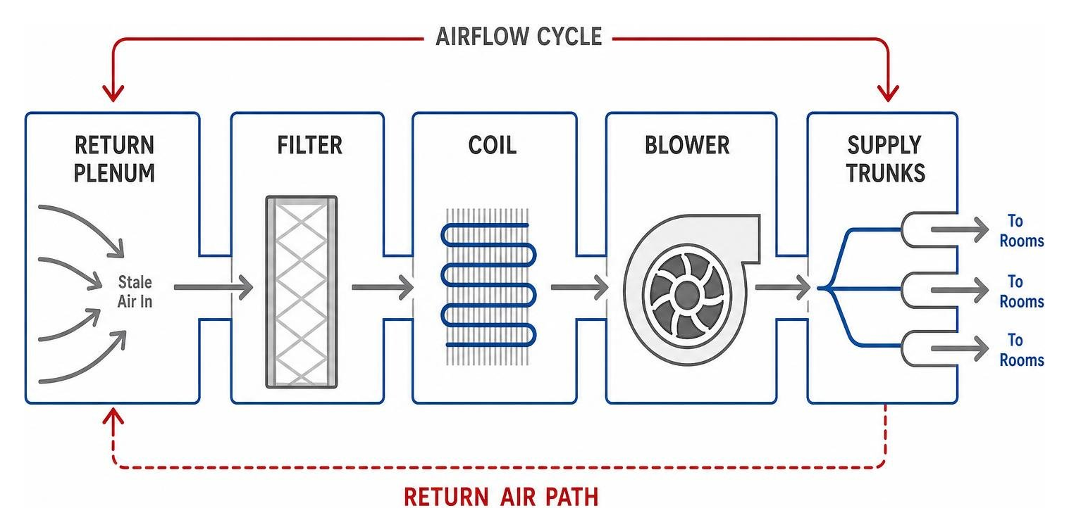 Diagram of airflow cycle from return plenum through filter, coil, blower, and supply trunks