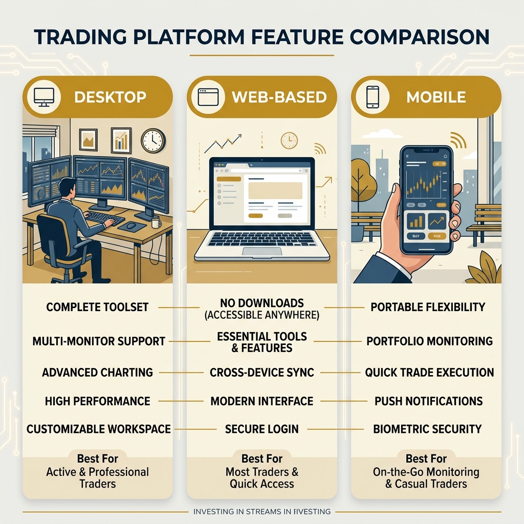 Comparison infographic: desktop vs mobile vs web-based stock broker software features - stock broker software infographic 