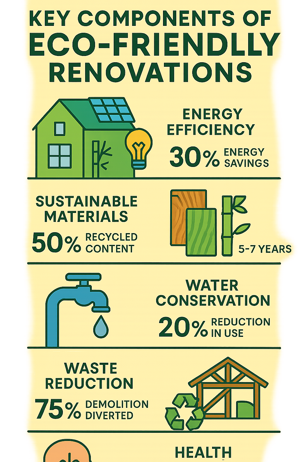 Key components of eco-friendly renovations showing energy efficiency, sustainable materials, water conservation, waste reduction, and health benefits with corresponding statistics and payback periods - Eco-friendly home renovations infographic