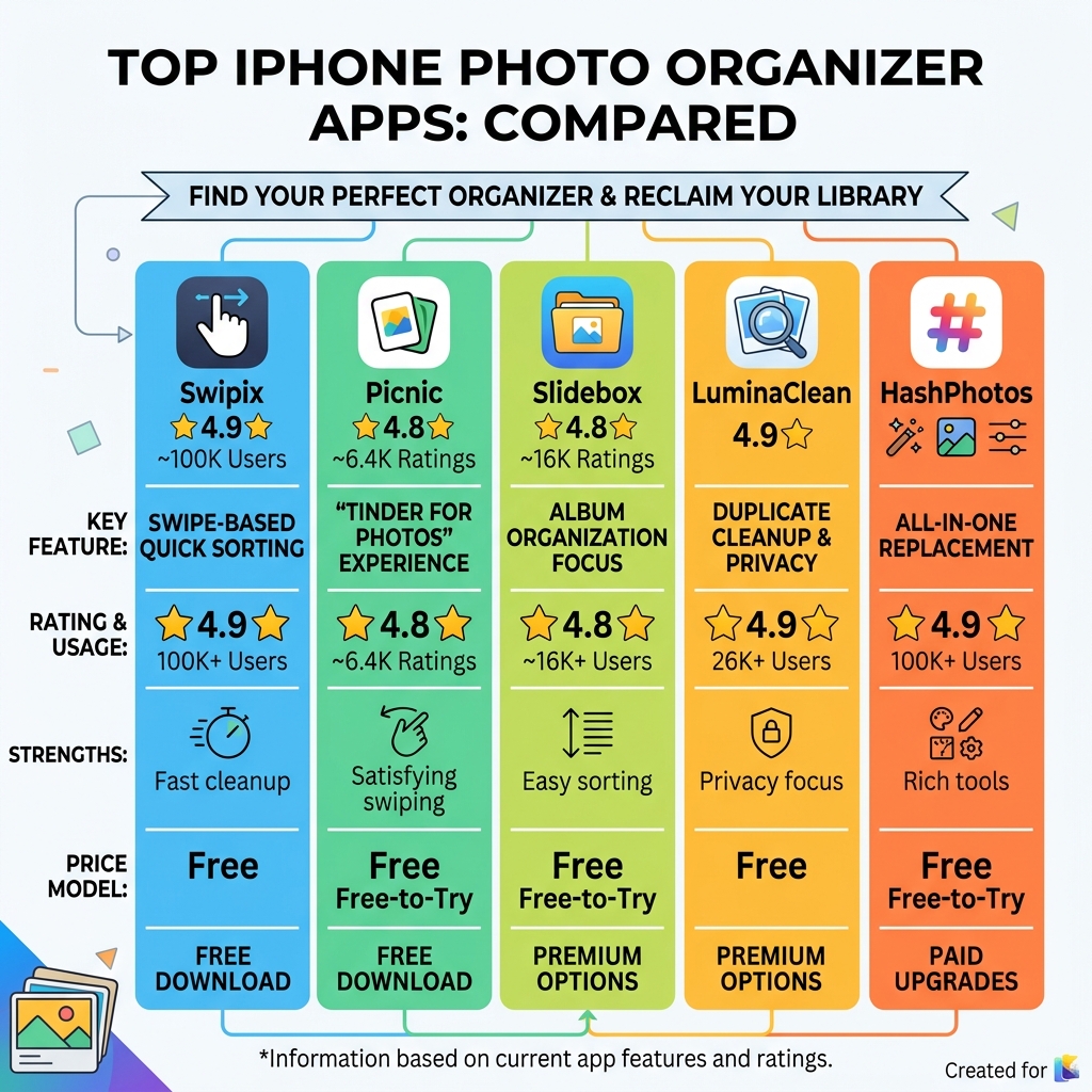 Comparison infographic of top iPhone photo organizer apps by feature, rating, and price - iphone photo organizer app