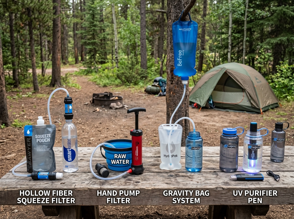 various filter types side-by-side hollow fiber pump gravity and UV - best water purifier hiking