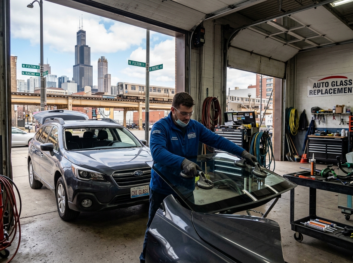 technician performing a windshield replacement on a vehicle in Chicago - aaron auto glass technician performing a windshield replacement on a vehicle in Chicago - aaron auto glass