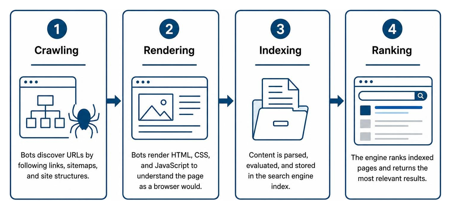 Search engine lifecycle: crawling, rendering, indexing, ranking