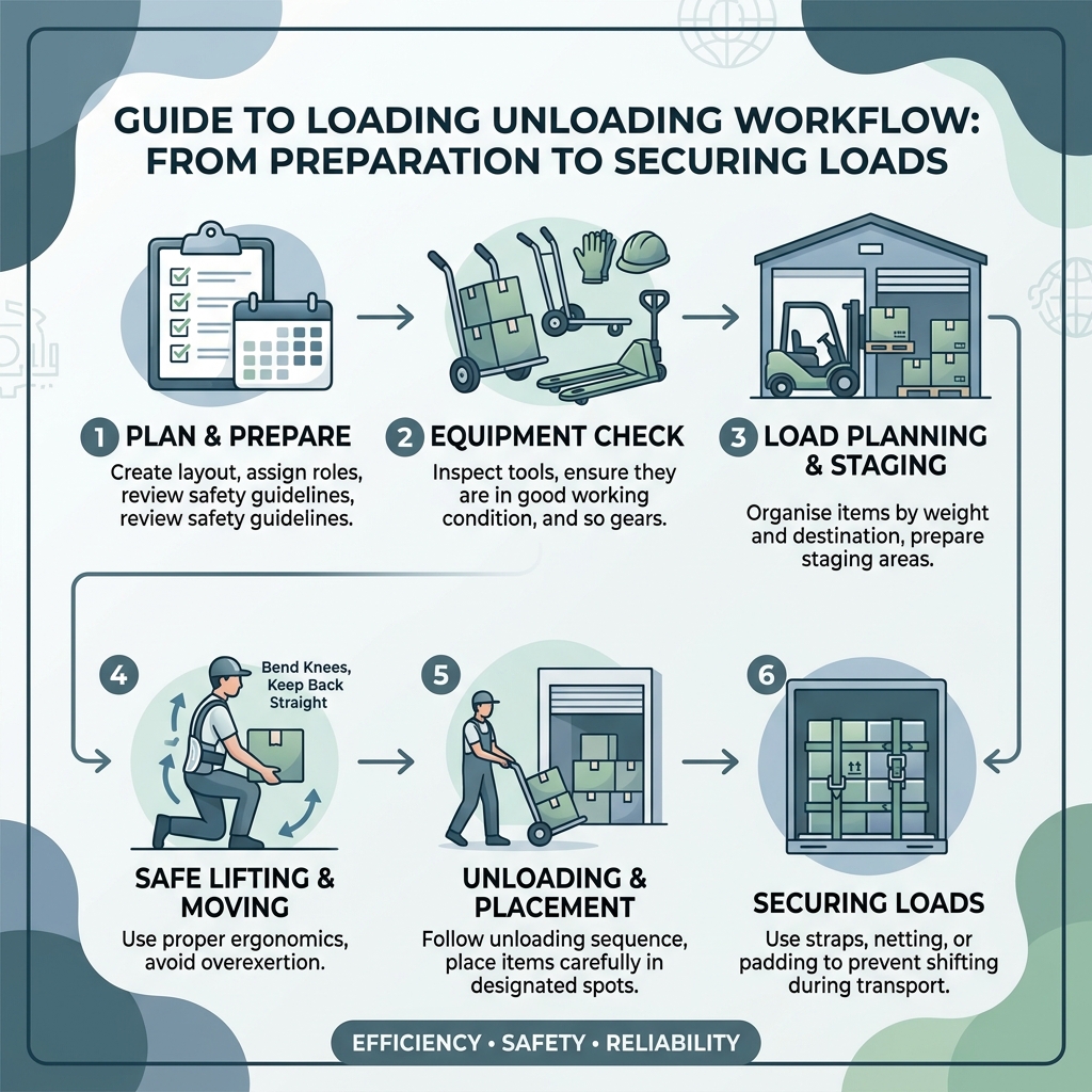 Infographic showing loading unloading workflow steps from preparation to securing loads - loading unloading work infographic 