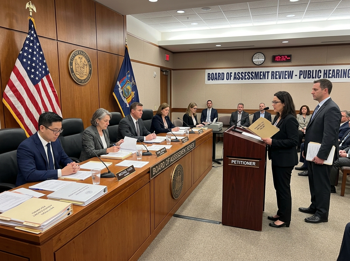A formal Board of Assessment Review hearing with petitioners and board members - property tax grievance faqs A formal Board of Assessment Review hearing with petitioners and board members - property tax grievance faqs