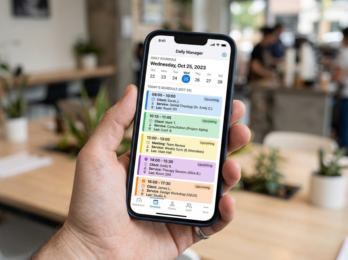 mobile admin app interface showing daily schedule and client details - booking system for service providers