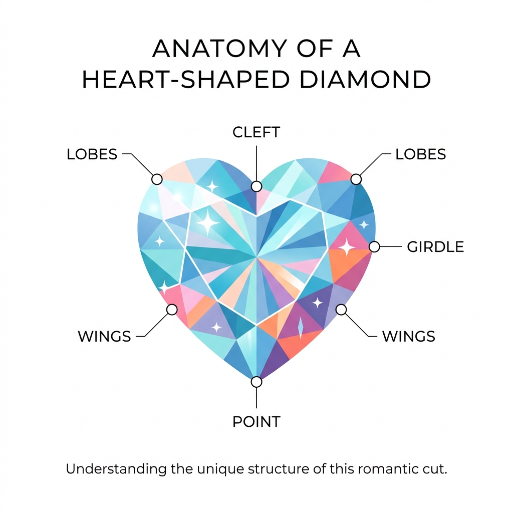 Anatomy of a heart-shaped diamond: lobes, cleft, point, wings, and girdle labeled - 1 carat heart shaped diamond solitaire Anatomy of a heart-shaped diamond: lobes, cleft, point, wings, and girdle labeled - 1 carat heart shaped diamond solitaire