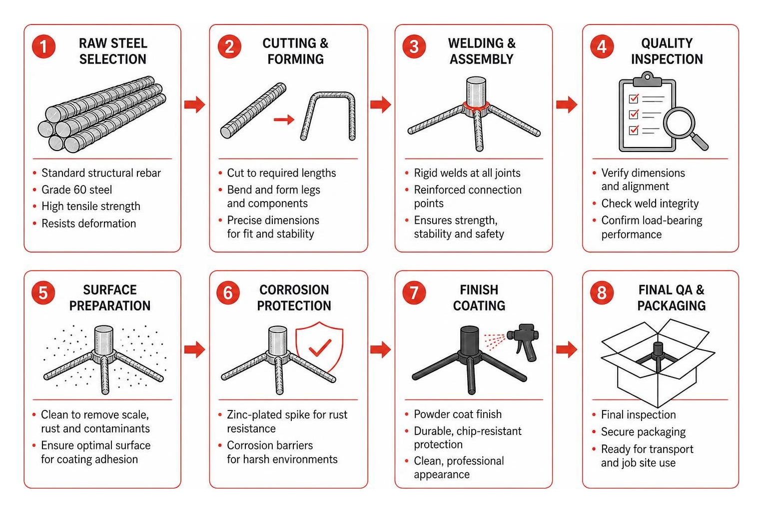 Rebar stand engineering process from raw steel selection to final surface treatment Rebar stand engineering process from raw steel selection to final surface treatment
