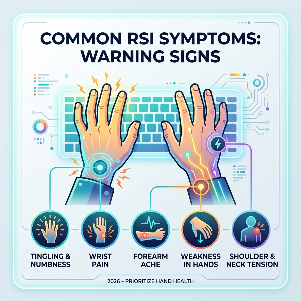 RSI symptoms infographic: tingling, numbness, wrist pain, forearm ache, weakness in hands - prevent rsi keyboard infographic RSI symptoms infographic: tingling, numbness, wrist pain, forearm ache, weakness in hands - prevent rsi keyboard infographic
