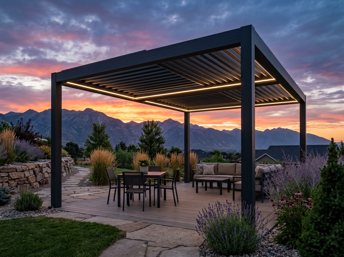 Integrated LED lighting glowing in the gutters of a pergola at sunset in Utah - 4m x 4m pergola kit