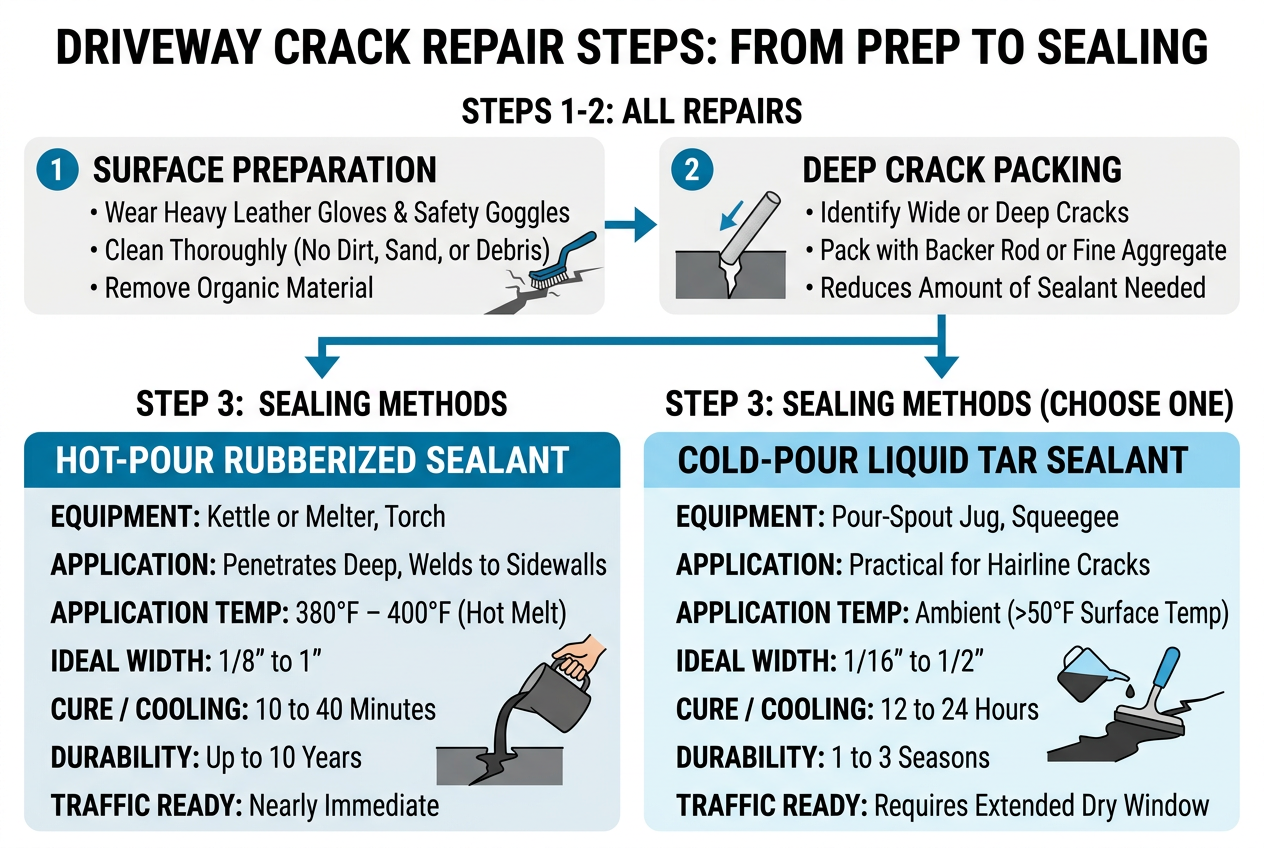 Sequence of driveway crack repair steps from prep to sealing
