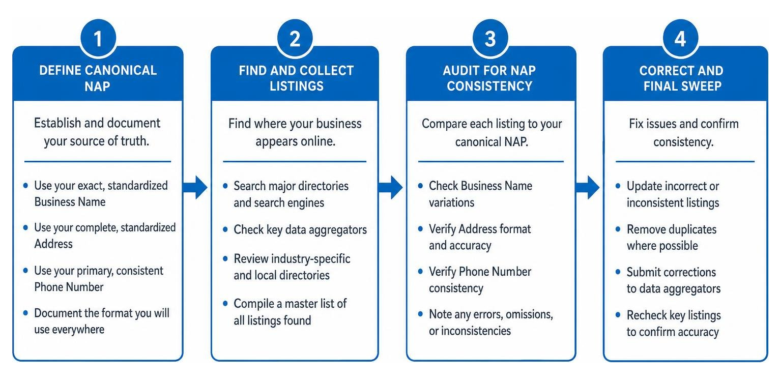 4-step manual NAP audit workflow from canonical definition to final sweep 4-step manual NAP audit workflow from canonical definition to final sweep