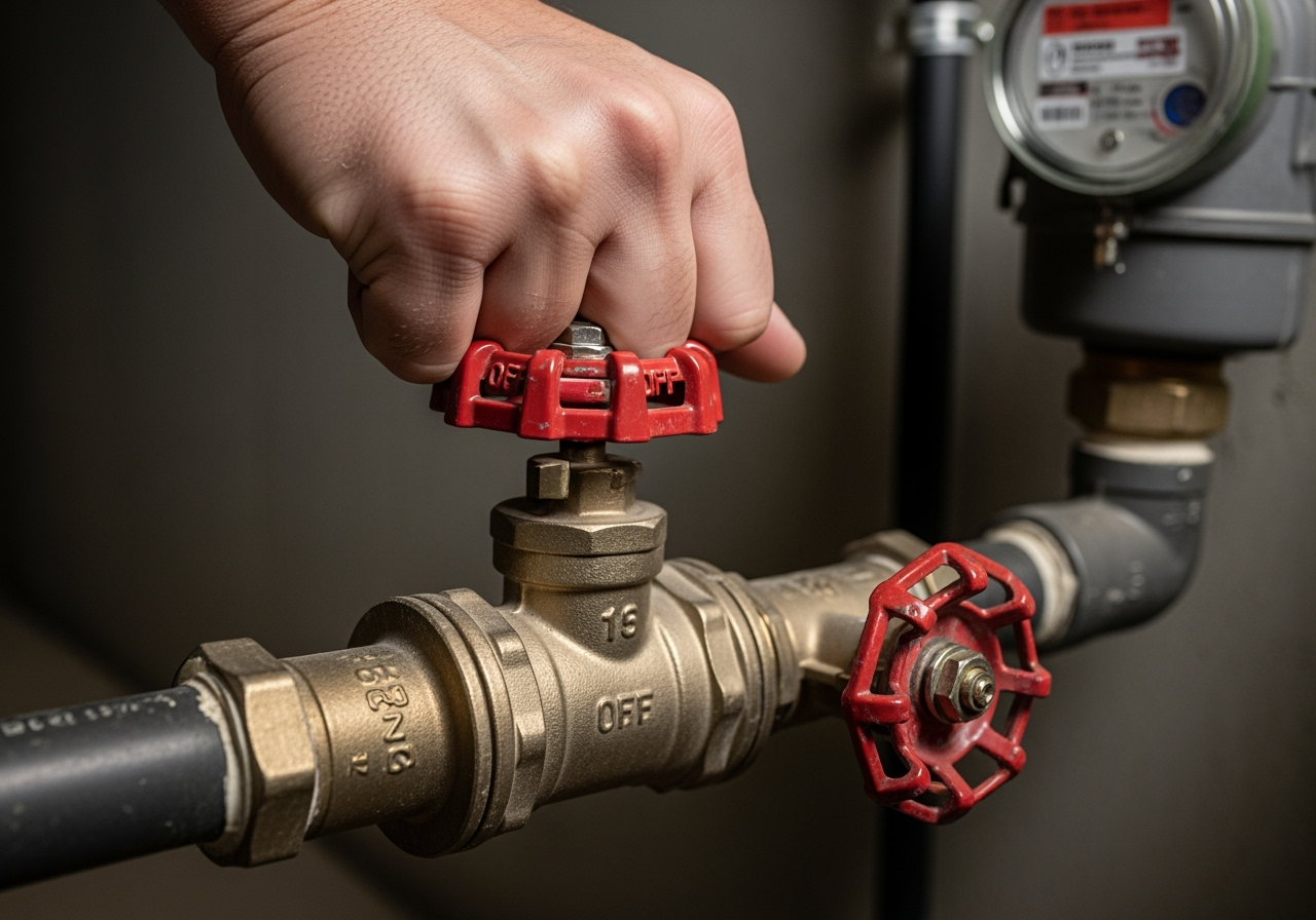 hand turning a main water shut-off valve - emergency plumbing service placitas hand turning a main water shut-off valve - emergency plumbing service placitas