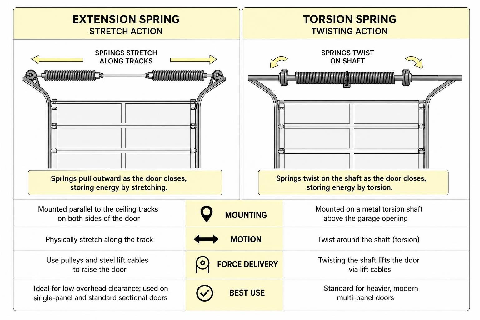 diagram comparing extension spring stretch action versus torsion spring twisting diagram comparing extension spring stretch action versus torsion spring twisting