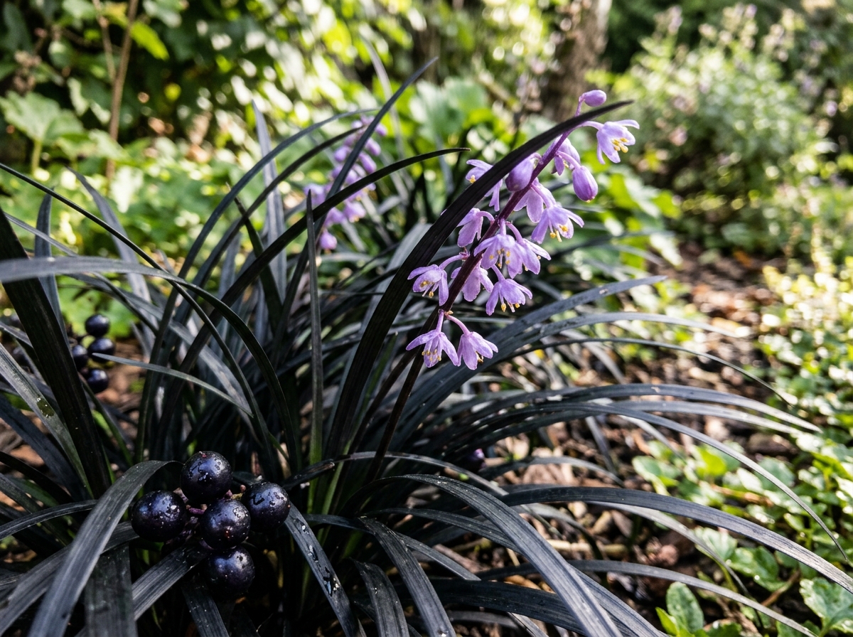 lavender flowers and dark berries on black mondo grass - black mondo grass