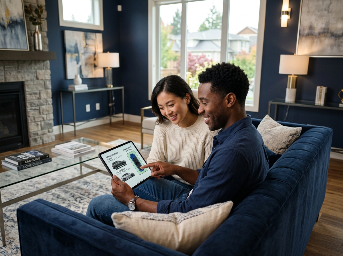 A mom and dad reviewing vehicle dimensions on a tablet in a modern living room -  parking in hoboken car size · best car