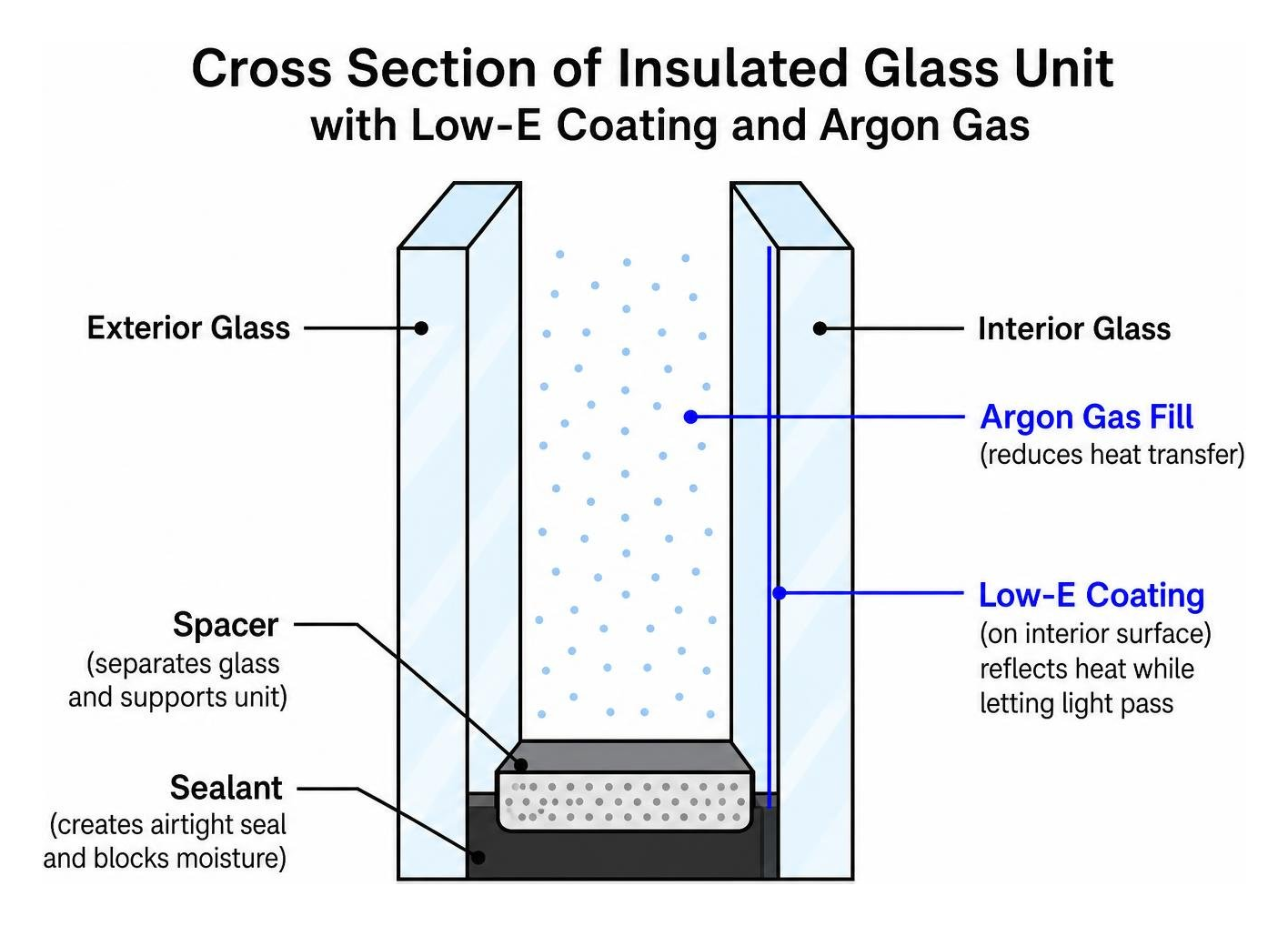 Cross section of insulated glass unit with Low-E coating and argon gas Cross section of insulated glass unit with Low-E coating and argon gas